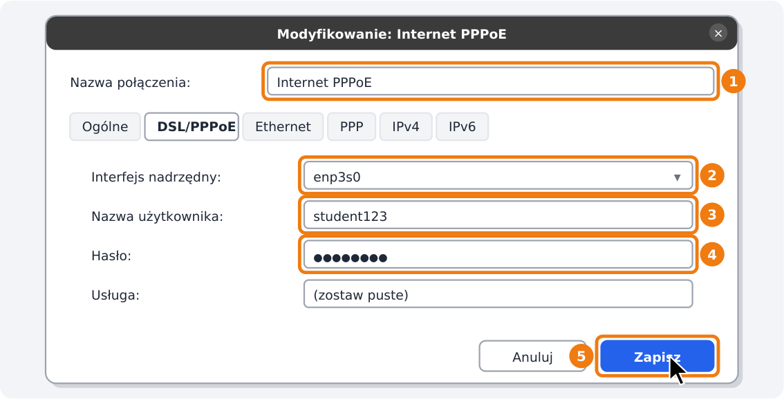 Step 4: Enter the PPPoE details and save