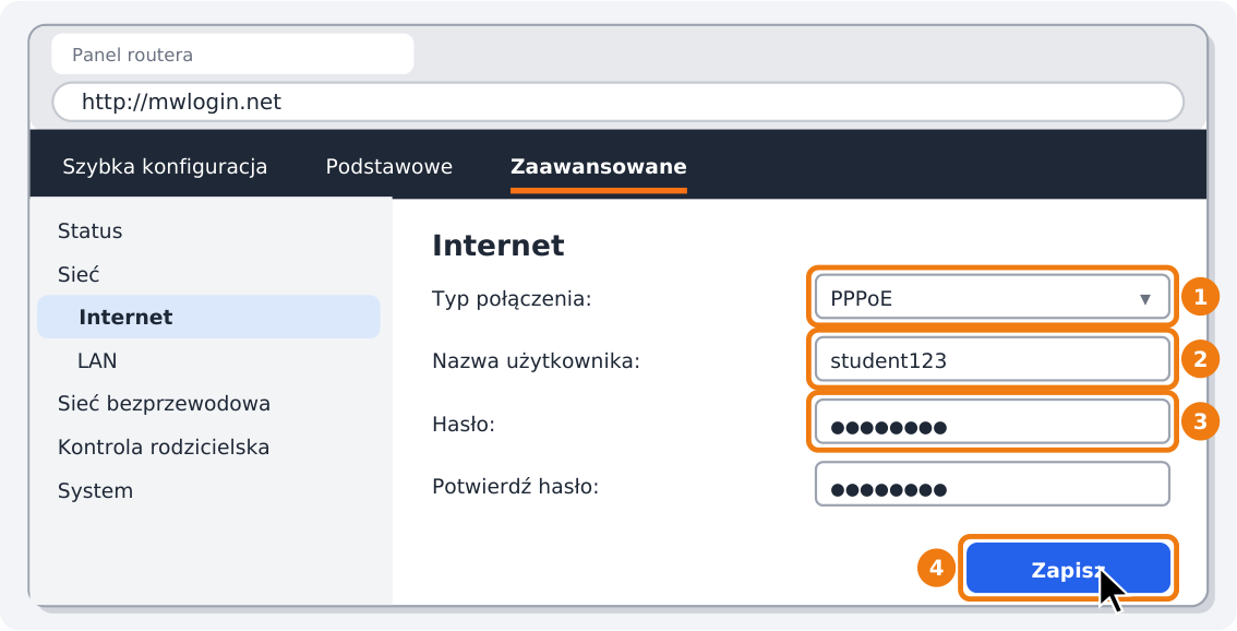 Step 4: Choose PPPoE, enter your login and password